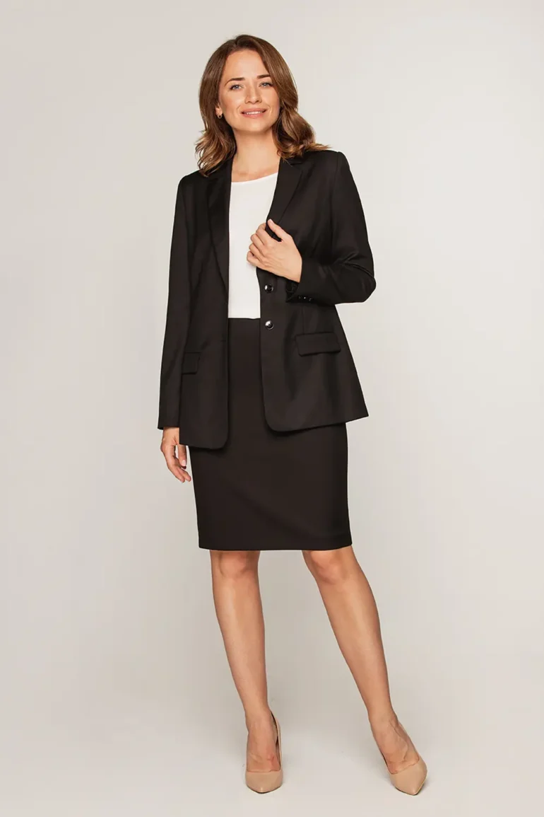 czarna marynarka damska klasyczna elegancka polska marka plus size spódnica ołówkowa biznesowy kostium damski do pracy