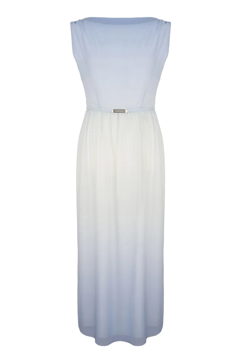 Kolekcja wizytowa. Długa sukienka z szyfonu marki Vito Vergelis. Błękitna cieniowana sukienka maksi.