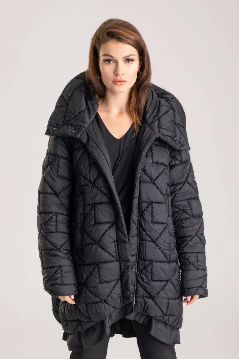 Długa czarna kurtka zimowa czarna haftowana kurtka puchowa fason oversize polskiej marki Vito Vergelis