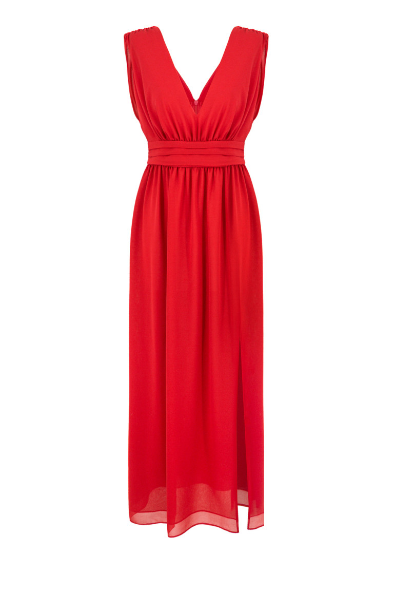 Długa, wizytowa sukienka z szyfony w pięknym czerwonym kolorze polskiej marki Vito Vergelis