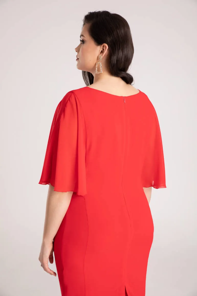 czerwona sukienka wizytowa z rękawami z szyfonu marki Vito Vergelis