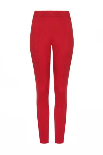 Czerwone dzianinowe spodnie damskie z gumą w pasie i kantem. legginsy z przeszyciami Vito Vergelis