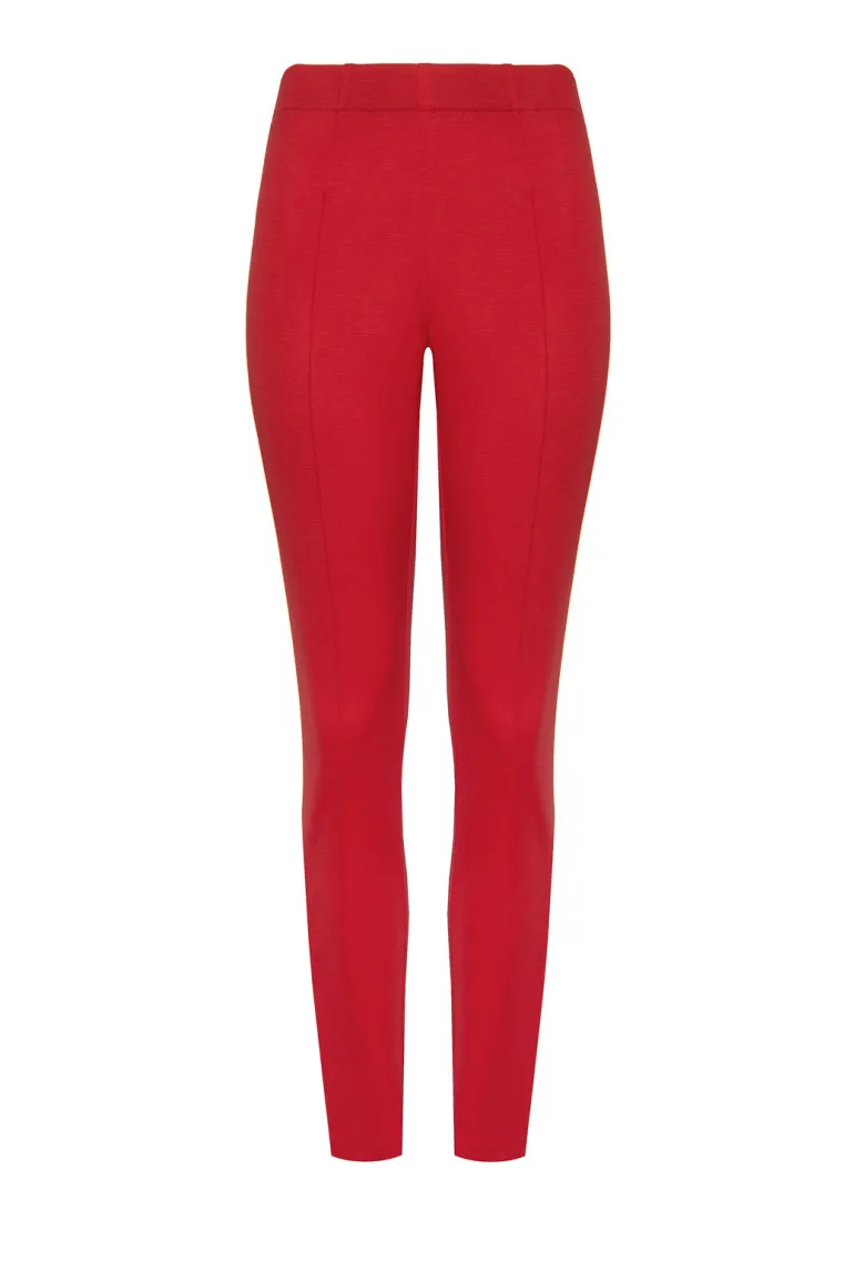Czerwone dzianinowe spodnie damskie z gumą w pasie i kantem. legginsy z przeszyciami Vito Vergelis