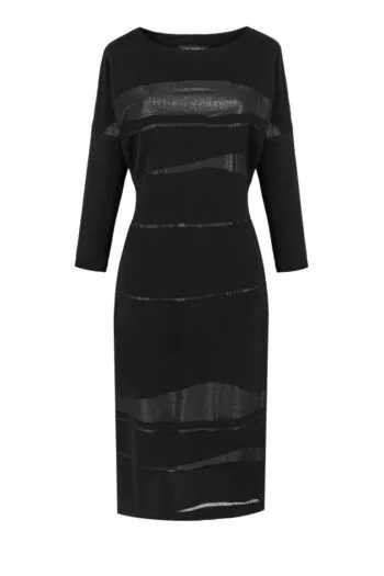 Długa czarna sukienka wizytowa z błyszczącymi wstawkami marki Vito Vergelis