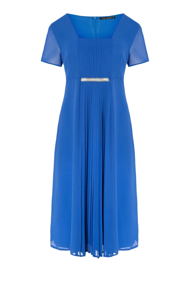 wizytowa, szyfonowa sukienka kobaltowa z plisowaniem marki Vito Vergelis
