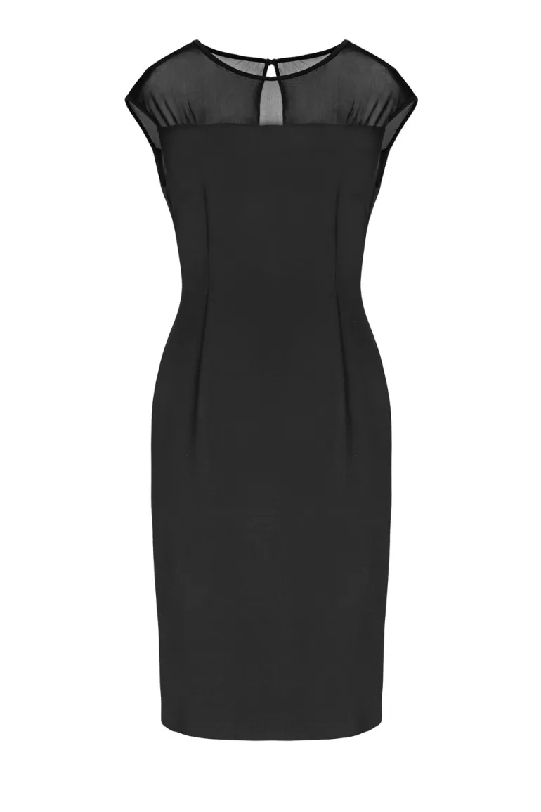 Linia wizytowa. Elegancka mała czarna sukienka z prześwitującą wstawką polskiej marki Vito Vergelis