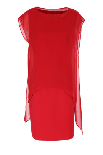 Kolekcja wizytowa. Elegancka, czerwona sukienka ołówkowa z szyfonową narzutką polskiej marki Vito Vergelis