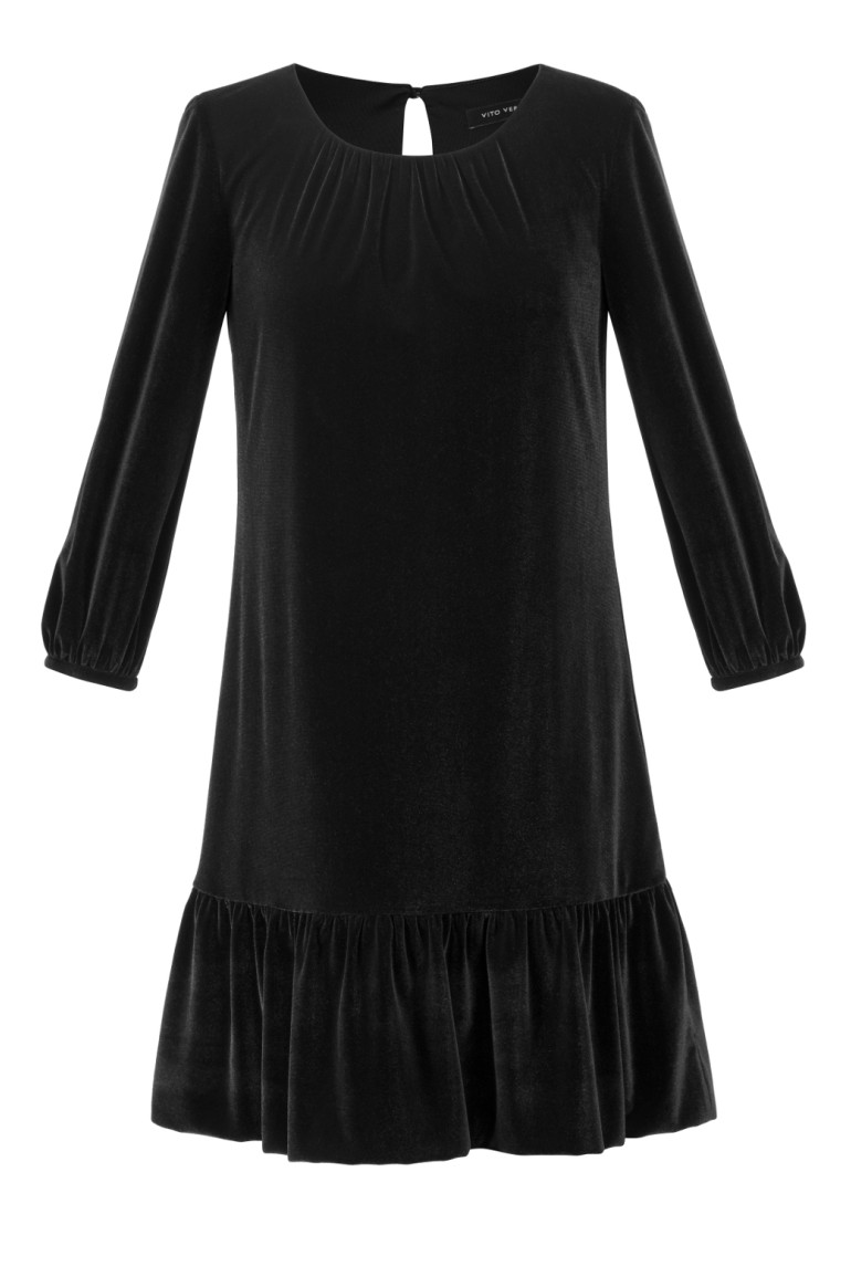 czarna welurowa sukienka Vito Vergelis z falbaną i długim rękawem