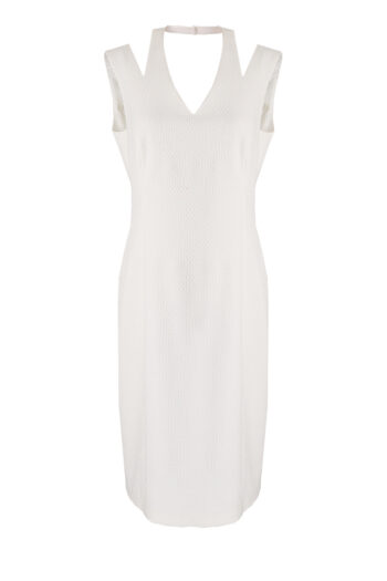 Linia wizytowa. Biała sukienka ołówkowa z wycięciami i odkrytymi ramionami. Wizytowa sukienka Vito Vergelis.