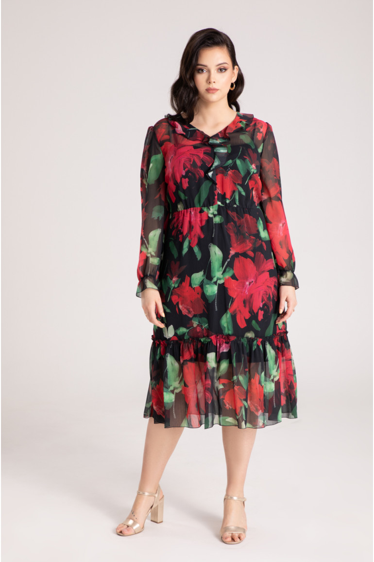 Sukienka midi z szyfonu w czerwone kwiaty. Sukienka plus size Vito Vergelis