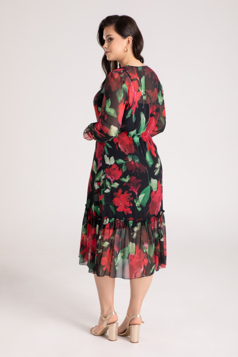 Sukienka midi z szyfonu w czerwone kwiaty. Sukienka plus size Vito Vergelis