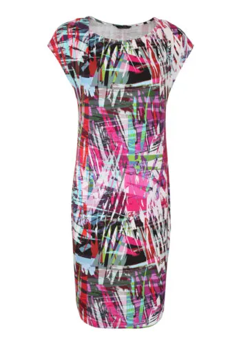 Kolorowa, dzianinowa sukienka na lato z opadającym rękawkiem marki Vito Vergelis