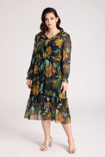 Sukienka midi z falbanami z szyfonu w kwiaty. Sukienka plus size Vito Vergelis