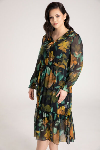 Sukienka midi z falbanami z szyfonu w kwiaty