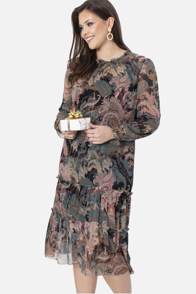 Wzorzysta sukienka midi - wizytowa sukienka z szyfonu w nadruk polskiej marki Vito Vergelis
