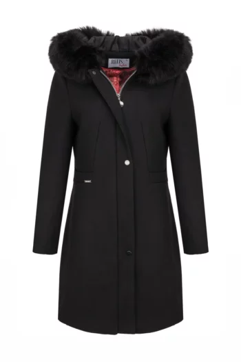 Długa kurtka wełniana z kapturem czarna krótki wełniany płaszcz damski polska marka