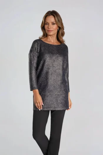 Granatowa tunika w złoty wzór wizytowa polska marka Vito Vergelis