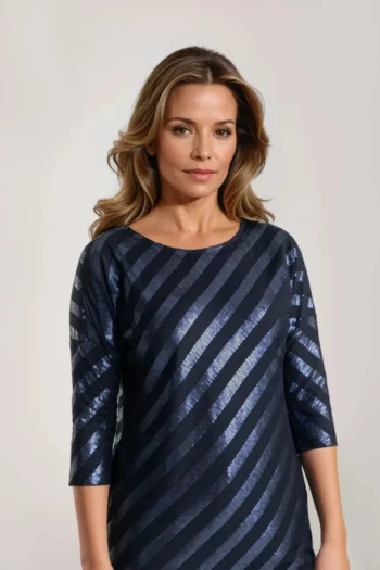 wizytowa tunika cekinowa granatowa w pasy Vito Vergelis