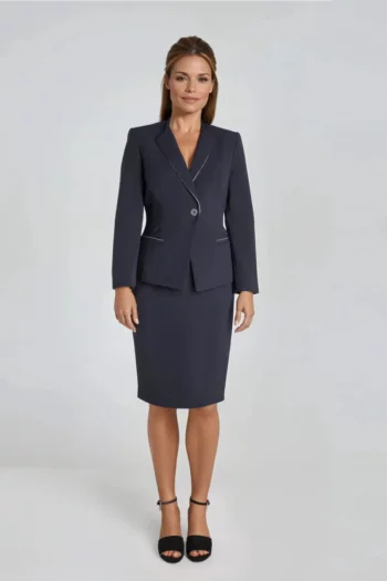 żakiet i spódnica w kolorze granatowym ze srebrną taśmą polskiej marki odzieżowej Vito Vergelis