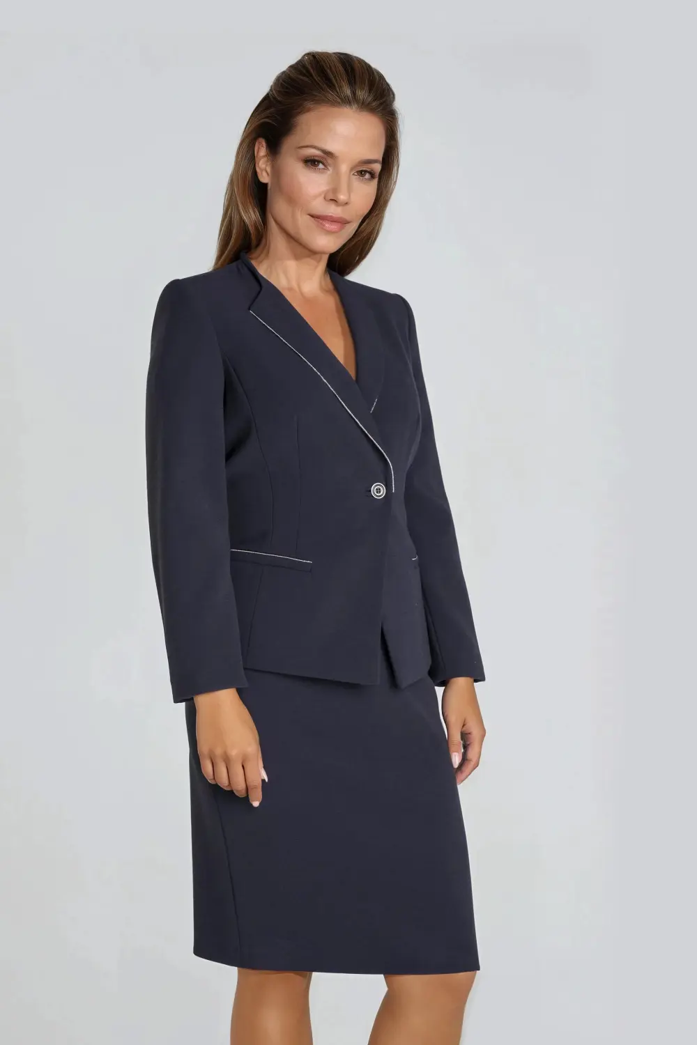 granatowy kostium wizytowy zakiet z tasma spodnica Vito Vergelis 6546(2)