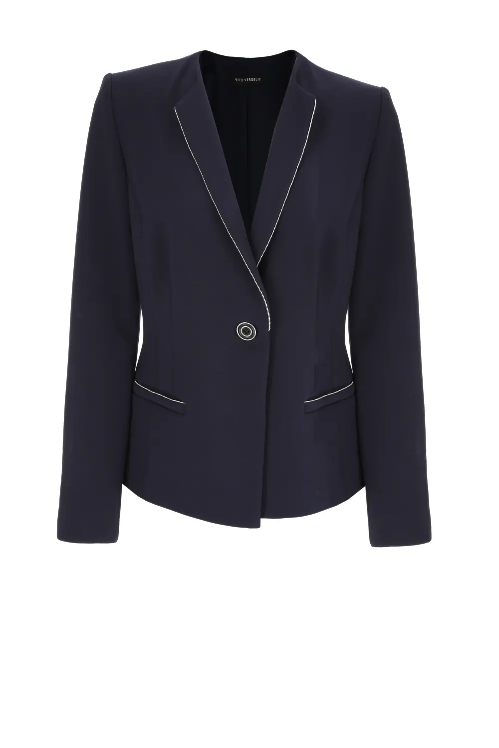 granatowy zakiet wizytowy z tasma Vito Vergelis 6546 żakiet w kolorze granatowym ze srebrną taśmą polskiej marki odzieżowej Vito Vergelis