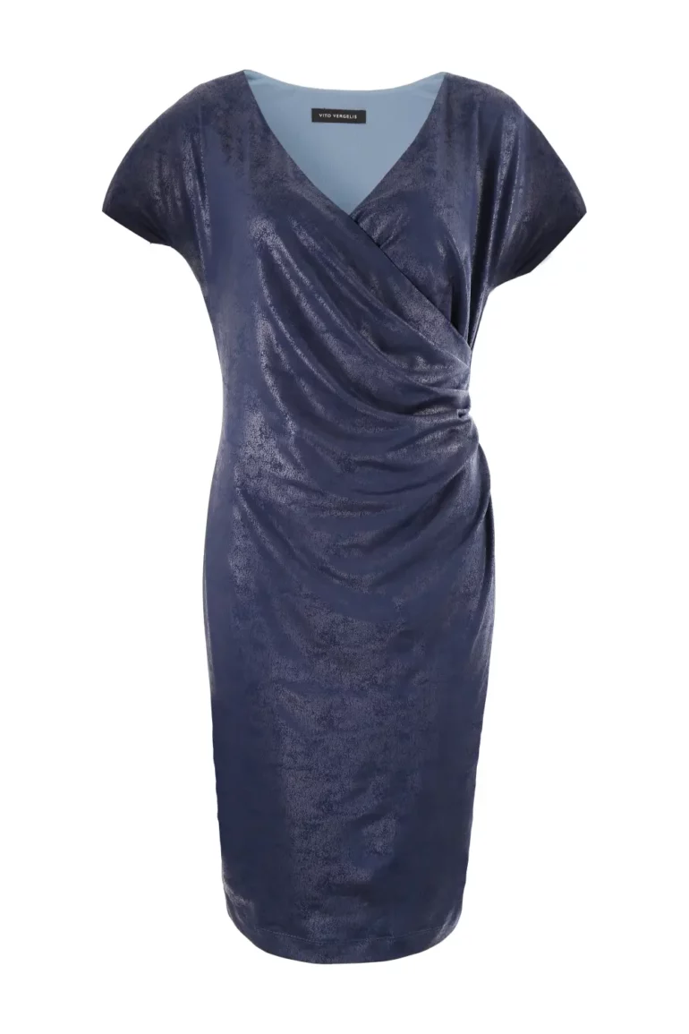 Granatowa sukienka kopertowa Niebieska błyszcząca wizytowa sukienka kopertowa Vito Vergelis.