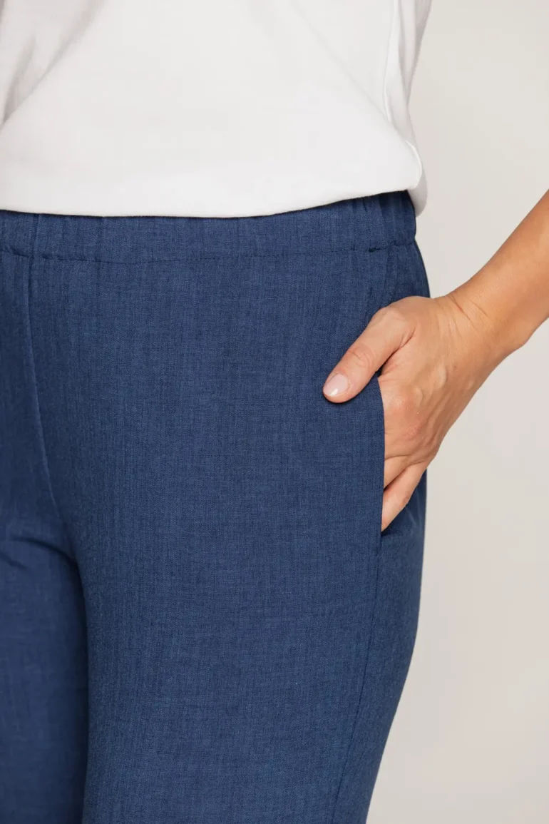 niebieskie spodnie damskie na gumie tkaninowe polska marka