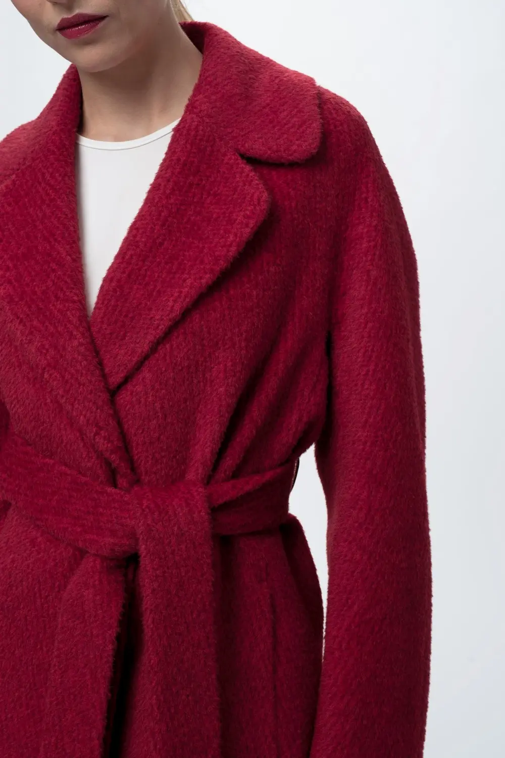 wełniany płaszcz szlafrokowy czerwony wełna dziewicza, alpaka, moher jesień zima