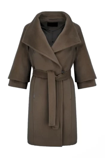 brązowy płaszcz damski wełniany z paskiem z kaszmirem polska marka