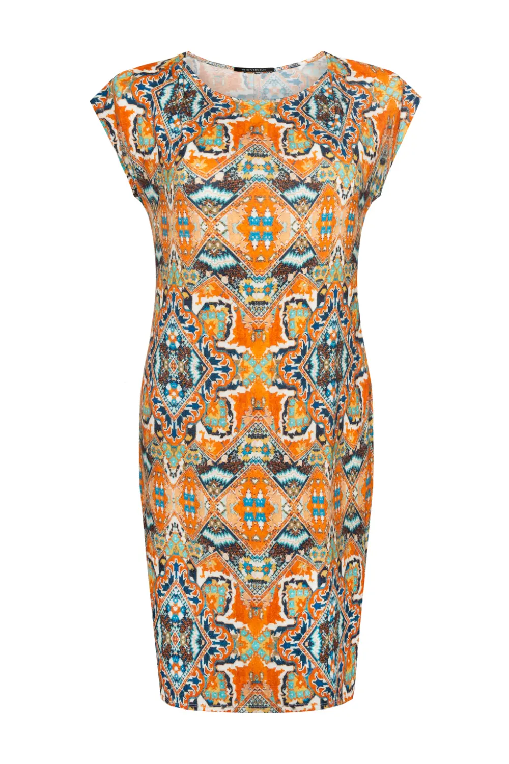 Dzianinowa sukienka we wzory pomarańczowa w nadruk mozaiki polska marka Vito Vergelis Moda Wrocław