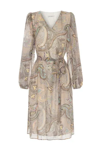 szyfonowa sukienka zwiewna wizytowa z paskiem wzór paisley polska marka Vito Vergelis