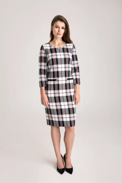 sukienka w kratę ołówkowa. Elegancka sukienka w kratkę tartan polska marka Vito Vergelis