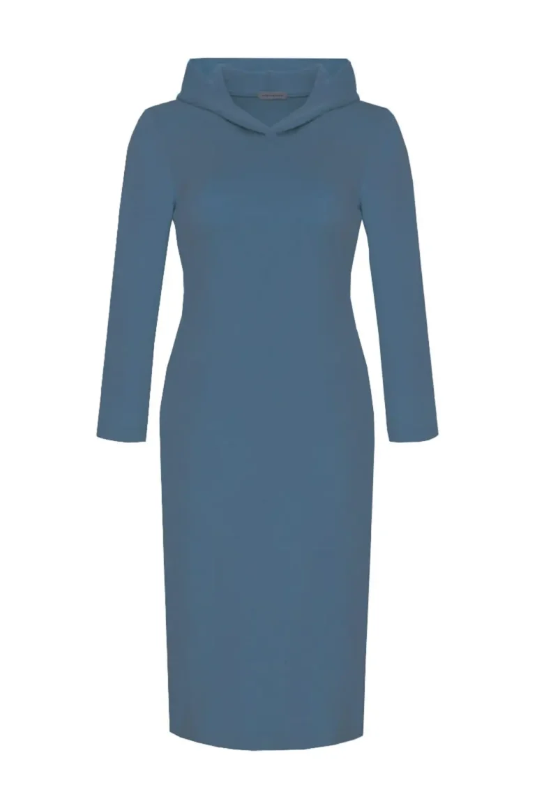 sukienka z kapturem sweterkowa niebieska polska marka Vito Vergelis wygodna sukienka codzienna