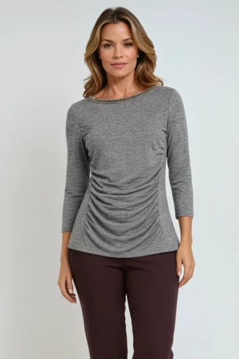 Szara bluzka z ozdobną taśmą z wiskozy i wełny marki Vito Vergelis