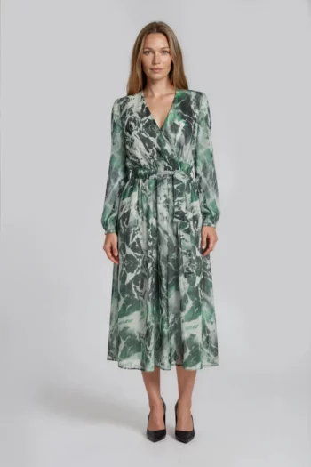 Szyfonowa sukienka midi z kopertowym dekoltem midi z paskiem zielono szara Vito Vergelis