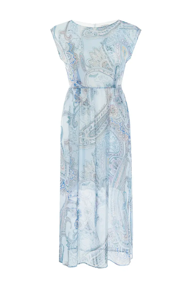 szyfonowa sukienka błękitna na lato midi paisley polska marka Vito Vergelis