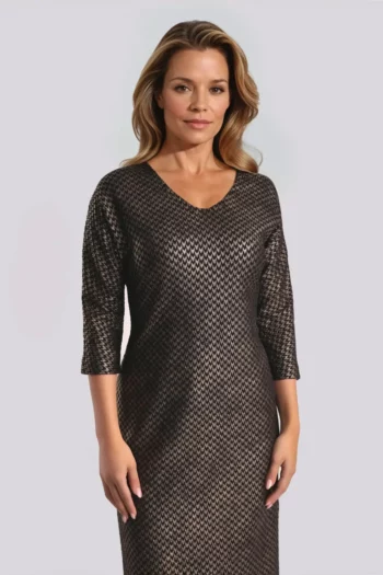 wizytowa sukienka w złoty wzór nietaliowana duże rozmiary polska marka Vito Vergelis