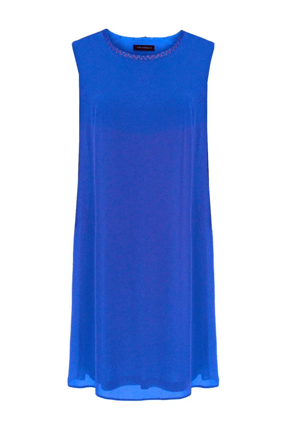 Szyfonowa sukienka wizytowa kobaltowa bez rękawów polska marka Vito Vergelis