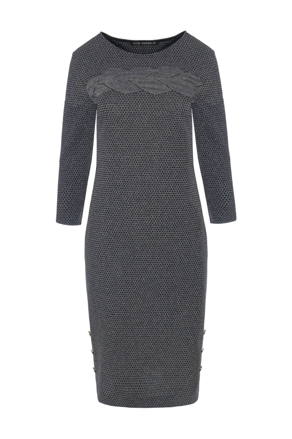 wizytowa sukienka zlota dzianinowa azurowa Vito Vergelis 8209 (4) ażurowa sukienka dzianinowa z ozdobnym warkoczem polska marka Vito Vergelis